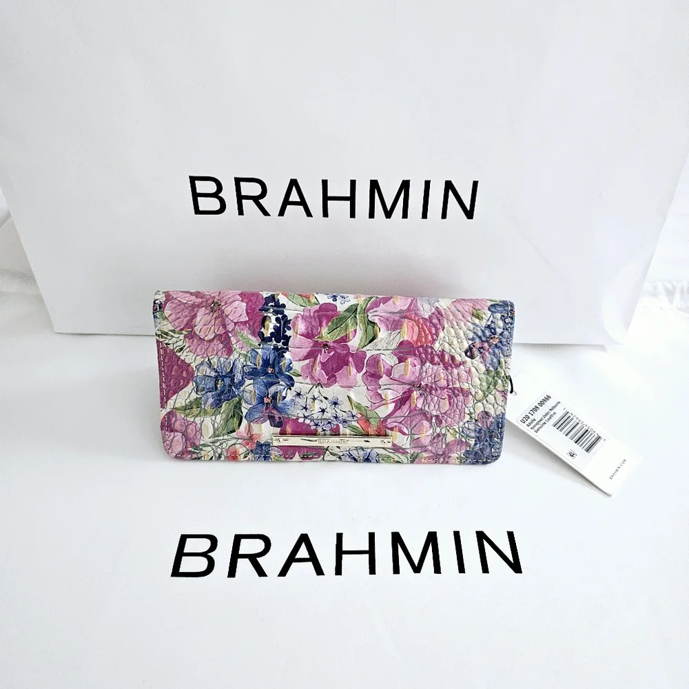 Brahmin Floral Leather Wallet in Pink, Blue, Green
